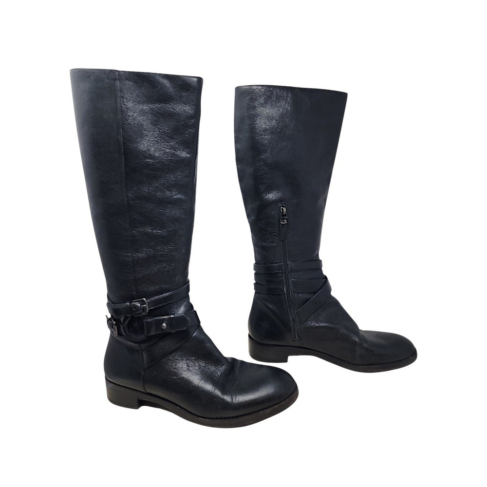 Via Spiga Riding Boots 8M Womens Gabrielle Black Leather Buckle Moto Knee High